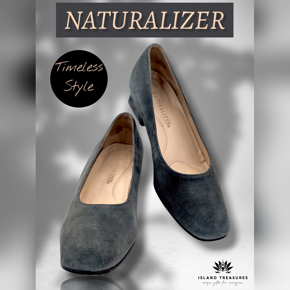 Naturalizer Women Sz 8.5M Classic Grey Suede Leather Square-Toe Comfort Insoles